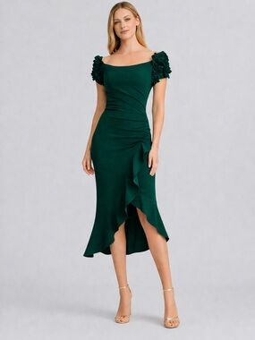 Laura Emerald Green Off the Shoulder Ruffle Sleeve Midi Dress